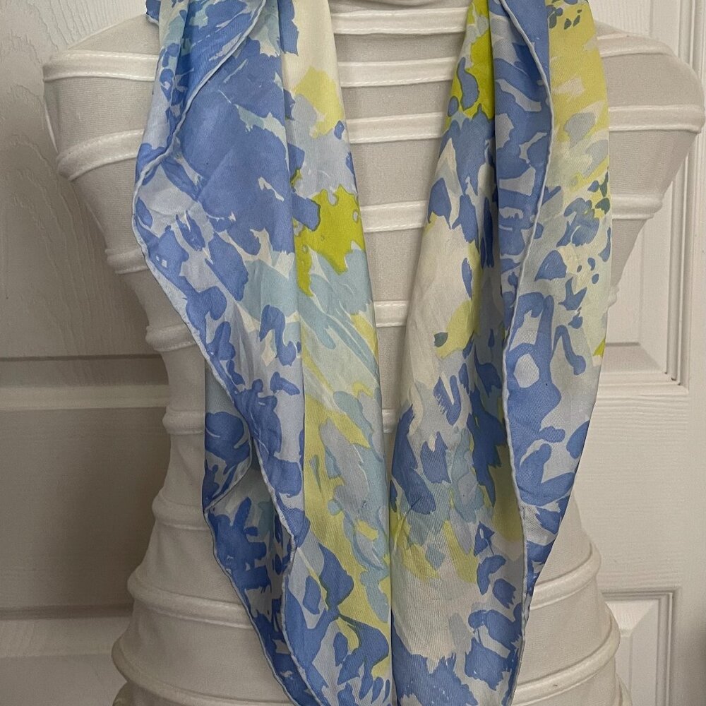 Elsa Schiaparelli 28x28 Square Blue Mod Abstract Hand Rolled Vintage Scarf